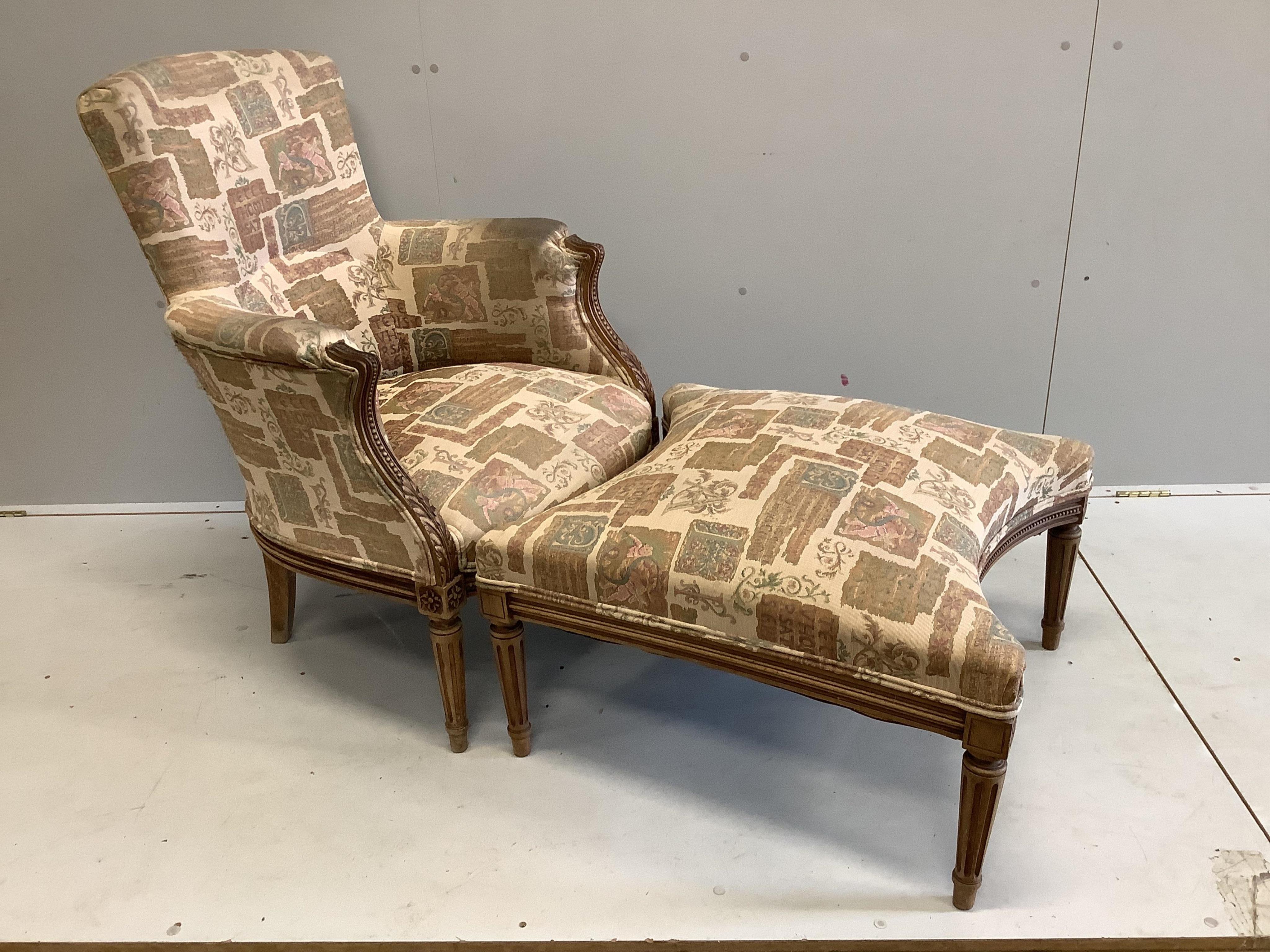 A Louis XVI style carved beech armchair, width 70cm, depth 64cm, height 92cm, together with associated footstool. Condition - fair